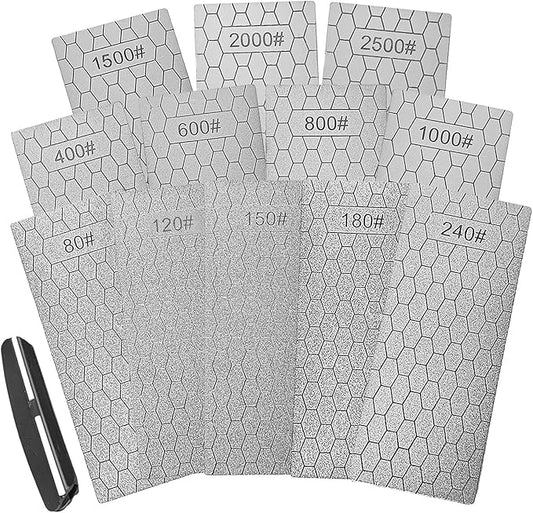 Diamond Sharpening Stone Set,12 Pcs Diamond Lapping Plate Coarse/Medium/Fine Grit Sharpener, 80/120/150/180/240/400/600/800/1000/1500/2000/2500 Grit竊똏erfect Assistance Sharpener Angle Guide