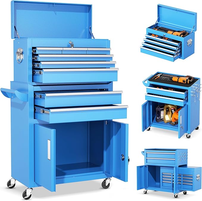 INTERGREAT 8 Drawers Tool Chest, 42'' Large Rolling Tool Chest, Detachable Top Tool Box, and Locking Mechanism, Metal Tool Cart with Liner and 6 Hooks for Garage, Workshop, Blue