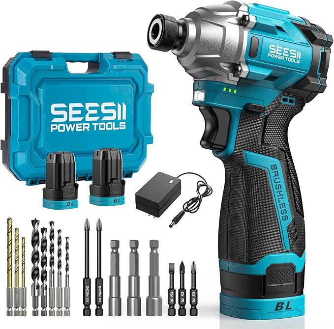 SEESII 16.8V Impact Driver Kit, 1/4" Hex Cordless Impact Driver Set & 2횞2.0Ah Batteries, 150N.m Max Torque(1327 In-lbs) Brushless Power Impact Driver w/ 16Pcs Drill Bits, 0-3300RPM Variable Speed