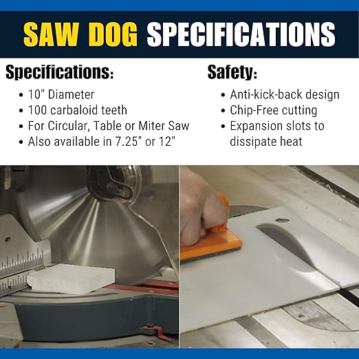 Bad Dog Tools Saw Dog 10 inch Circular Blade with 5/8 inch Arbor Hole. 100-Tooth Carbide Tipped Finish Blade for Wood & Multiple Materials. Use with Circular, Miter or Table Saws