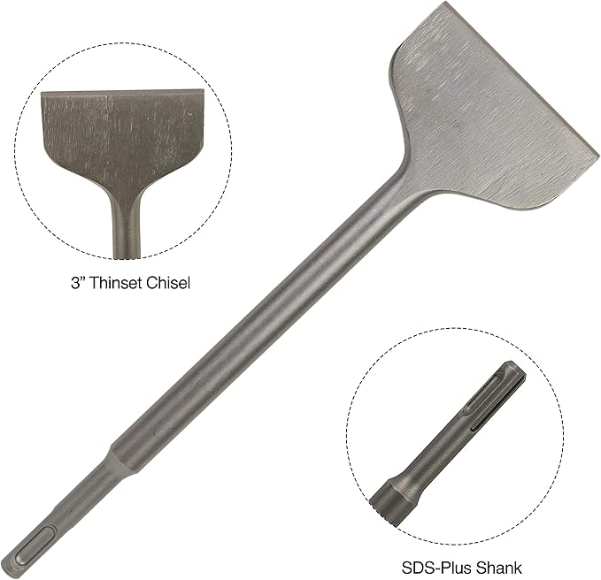 SDS Plus 4-Piece Chisel Set, Thinset Scraping Bit 3??x 10??Thinset Scaling Chisel, Point Chisel, Flat Chisel, Wide Chisel - SDS Chisel Bits for Hammer Drills ??Tile Removal