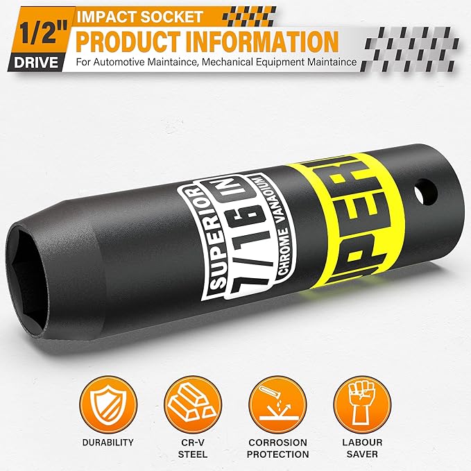 1/2" Drive Impact Socket, 7/16 inch Deep Socket, SAE, 6 Point, CR-V, for Car Repair, Loosen the Fastening Nut