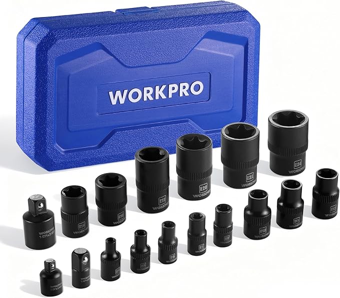 WORKPRO 17 PCS E-Torx Socket Set, Premium CR-V Female Star Sockets E4?밇24, 1/4", 3/8", 1/2" Drive, Precision Inverted Torx Socket with Storage Case for Auto, Engine, and Mechanical Repair