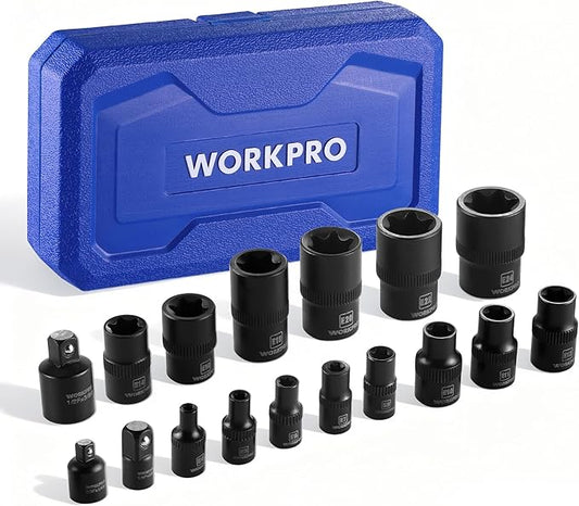 WORKPRO 17 PCS E-Torx Socket Set, Premium CR-V Female Star Sockets E4?밇24, 1/4", 3/8", 1/2" Drive, Precision Inverted Torx Socket with Storage Case for Auto, Engine, and Mechanical Repair