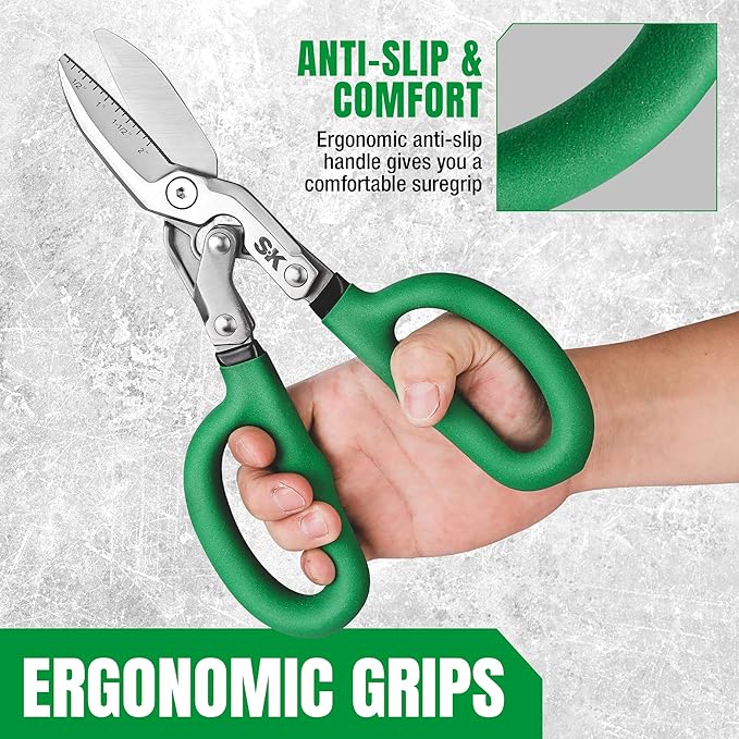 SK 10" Compound Action Tin Snips, Metal Shears with Forged Blade, Heavy Duty Metal Cutter Scissors, Ergonomic Handle for Comfortable Grip
