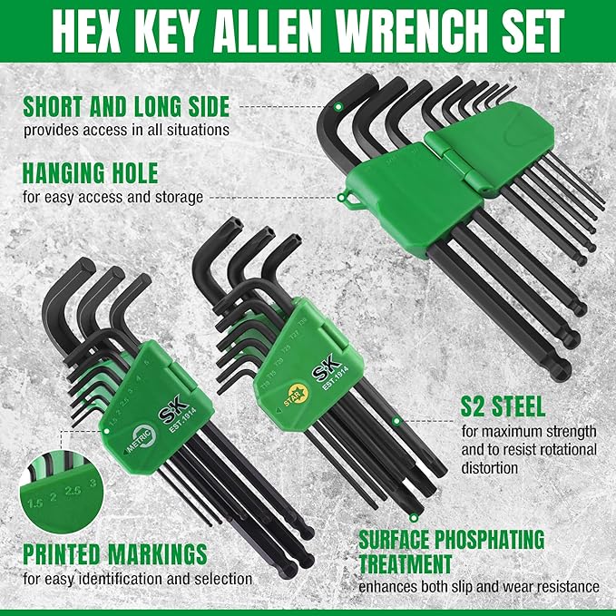 SK 27-Piece Allen Wrench Set, Metric/SAE/Star Hex Key Set, L-Shaped, S2 Steel, Black Phosphating Finish