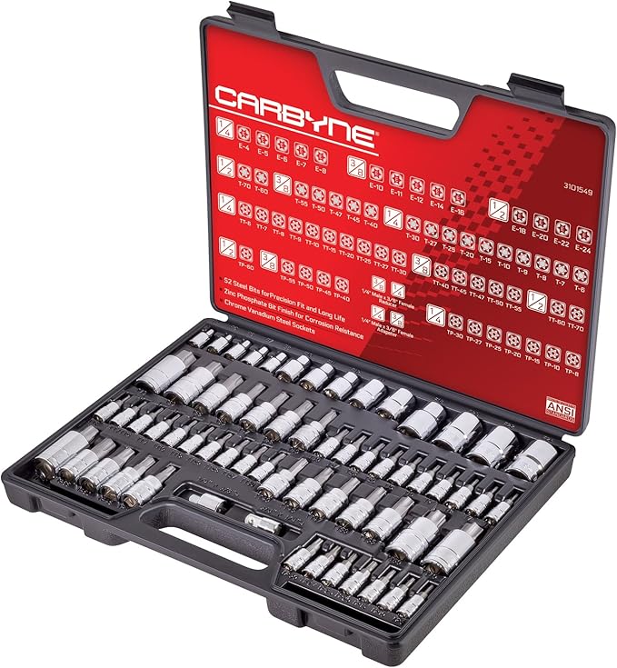 CARBYNE 62-Piece Master Torx Bit Socket Set & External (eTorx) Socket Set, Includes T6 - T70, TT6 - TT70, TP8 - TP60, E4 - E24| S2 Steel Bits, Cr-V Sockets, Durable Case | 1/4, 3/8, & 1/2 in. Drive