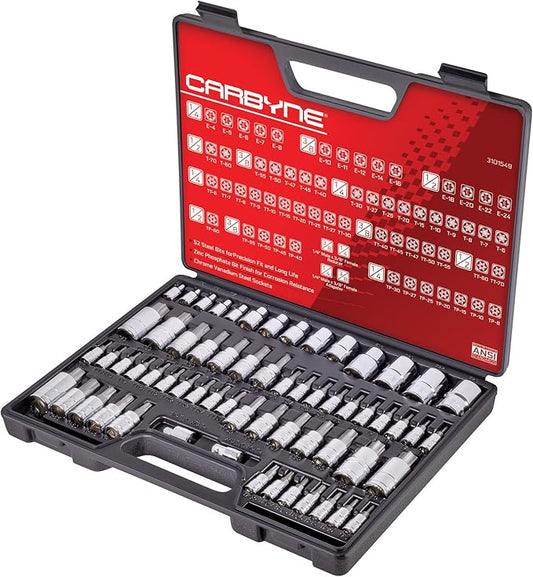 CARBYNE 62-Piece Master Torx Bit Socket Set & External (eTorx) Socket Set, Includes T6 - T70, TT6 - TT70, TP8 - TP60, E4 - E24| S2 Steel Bits, Cr-V Sockets, Durable Case | 1/4, 3/8, & 1/2 in. Drive