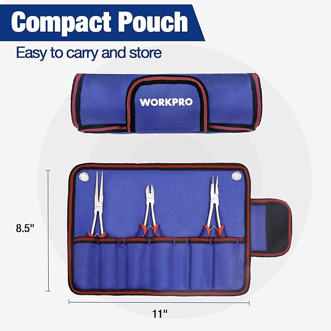 WORKPRO 3PCs Mini Pliers Set, Small Long Reach Needle Nose Pliers Includes 7" Needle Nose Plier, 6" Bent Nose Plier, 5-1/2" Diagonal Plier for Hard to Reach Narrow Spaces