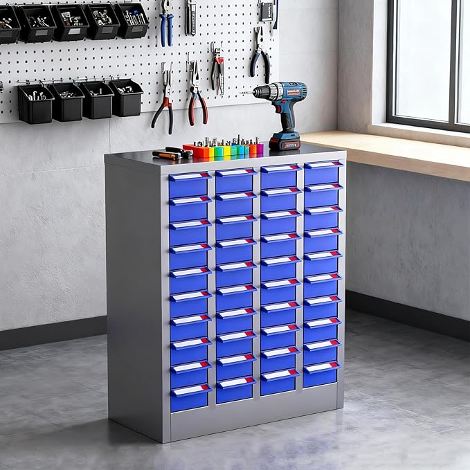 Parts Organizer Cabine 40 Drawers, 25" H x 21" D x 9" W Stainless Steel Bolt and Nut Storage Cabinet, ABS Drawers, Adjustable Shelves & Label, Parts Cabinet for Workshop Laboratory Home Tool Storage