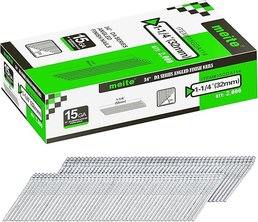 meite 15 Gauge 34 Degree Angled Finish Nails, 1-1/4 Inch Leg Galvanized No-rust Finishing Nails for Nailer Gun, Glue-Collated Trim Nails for Baseboard Crown Cabinet Window Molding, 2 Boxes x 2,000PCS
