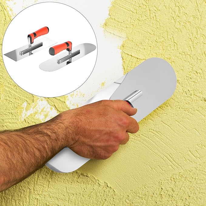 QWORK Concrete Tools Set, Stainless Steel Flat Finishing Trowel (11" x 4") & Pool Trowel (14" x 4") for Concrete, Cement, Drywall Projects