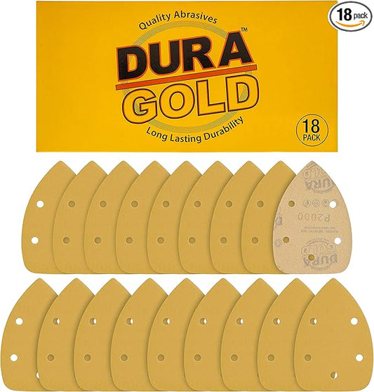 Dura-Gold Premium Mouse Detail Sander Sandpaper Sanding Sheets - 2000 Grit (Box of 18) - 5 Hole Pattern Hook & Loop Triangle Mouse Discs - Woodworking Wood Crafting, Automotive Color Sanding Polishing