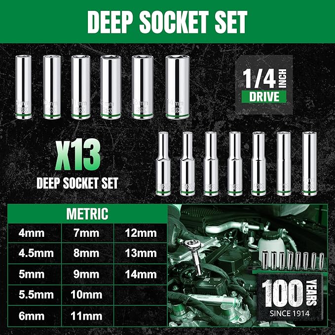 SK 1/4" Drive Socket Set, Deep Metric Sockets, 13-Piece 4-14 mm, SuperKrome Finish, Premium CR-V Construction, with Aluminum Socket Organizer