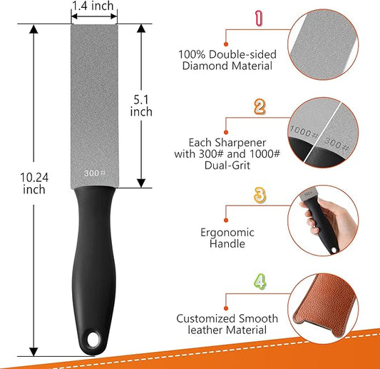 Feekoon 2 Pcs Dual Grit Diamond Sharpening Stone File Coarse 300# /Extra Fine 1000# Grit with Leather Sleeve Garden Tool Blade Sharpener for Knife, Axe, Lawn Mower Blade, Shears, Chisel Spade(Black)
