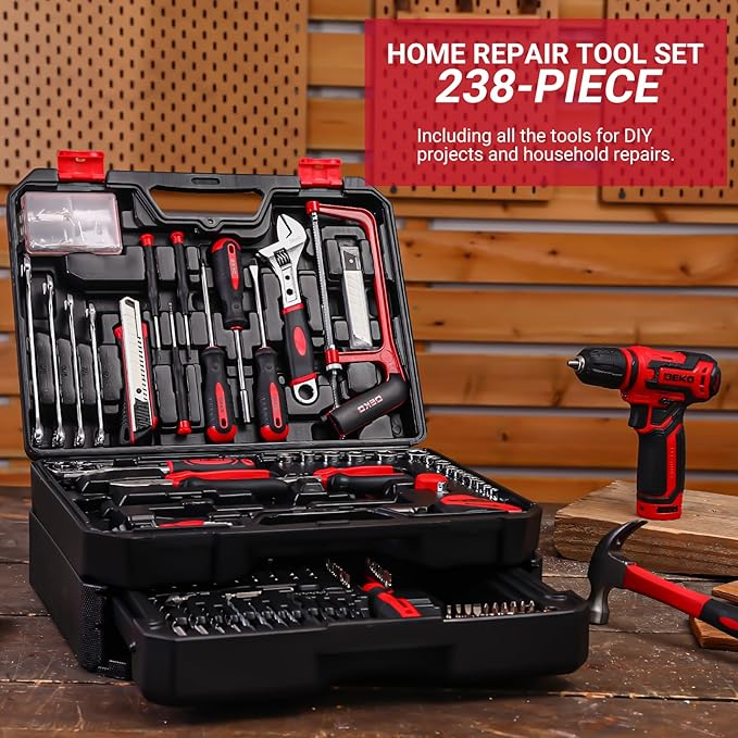 Drill Tool Set竊숿ool Kit with 12V Power Cordless Drill Hand Repair Tools Box with Drill, Home Tool Kits for Men & Women, Hand Drill Set Perfect for Homeowner, Diyer, Handyman - Red
