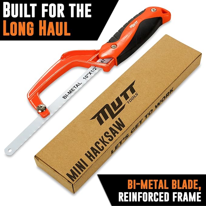 Mutt Tools Mini Hacksaw for Metal with 10-inch Bi-Metal Blade for Precision Cutting - Compatible with 10" and 12" Blades - Small Cutting Saw