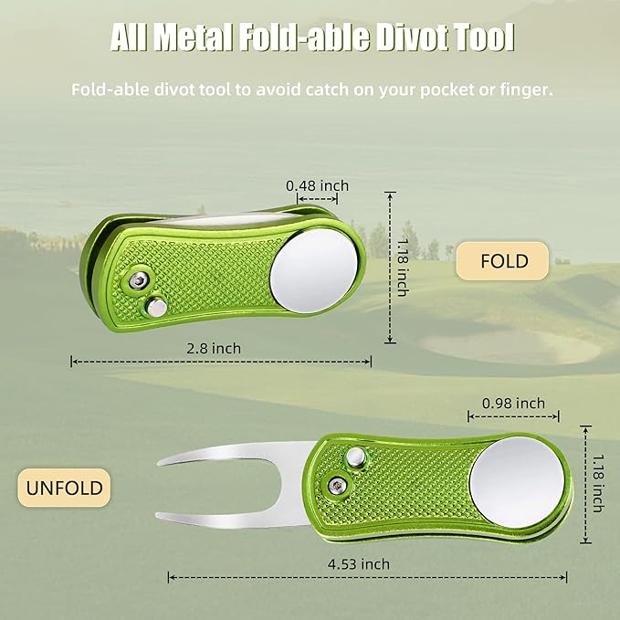 Mile High Life Golf Divot Repair Tool, All Metal Foldable Divot Tool with Pop-up Button & Magnetic Ball Marker