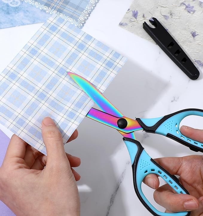 Scissors with Case, 1 Pair of Stainless Steel Titanium Coated Multi-purpose Scissors, Fabric Sewing Office Craft Soft Grip Pointed Shears Cutter for Home School Supplies (Blue & Rainbow)