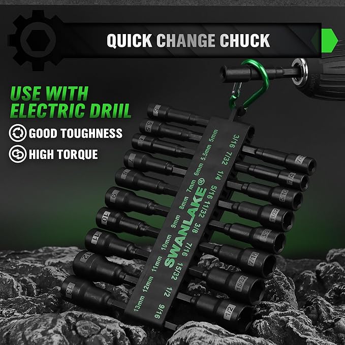 Magnetic Nut Driver Set, 20-Piece Metric & SAE 1/4" Hex Shank, Drill Socket Set, Impact Driver Bit Sets, Magnetic Bit Holder with Aluminum Alloy Snap Clip, 65mm Long Hex Bits, Quick Change Tool