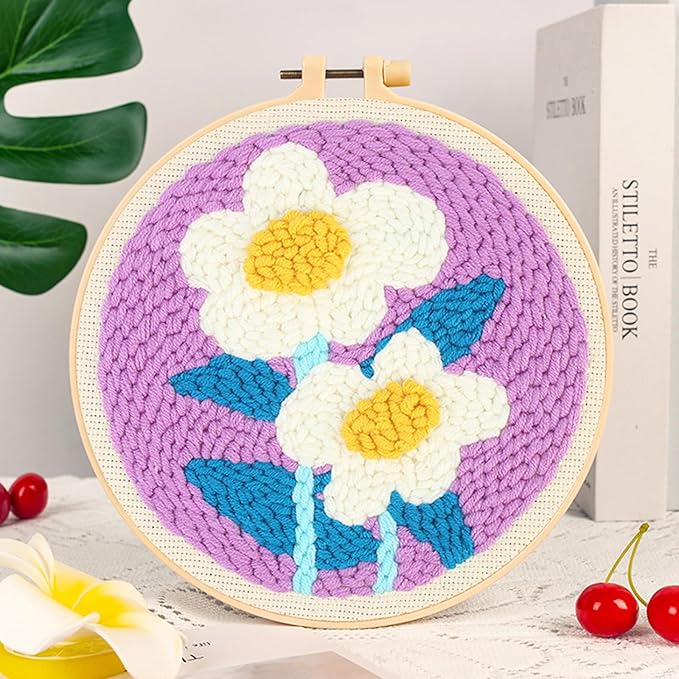 Woohome Punch Needle Kit Included Plastic Hoops, Punch Needle Cloth, Color Yarn and Punch Needle Tools for Adults, Beginners (Chrysanthemum, Lotus, Lily)