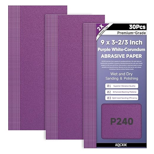 30-Sheet Premium White Corundum 240 Grit Sandpaper, 9 x 3-2/3 Inch Heavy Duty Wet Dry Abrasive Sheets for Wood Metal Automotive Sanding and Smoothing