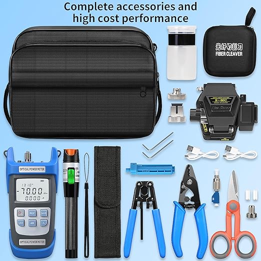 Fiber Optic Terminal kit 10-in-1 FTTH Tool kit Equipped with S-60C Optical Fiber Cleaver and Rechargeable Optical Power Meter A-C710A (-70~+10dBm) Well as Stripper Fibre Tool kit