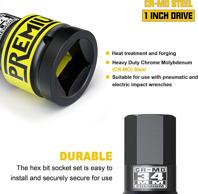 1" Drive H34 Impact Hex Bit Socket, 34 mm Allen Bit Socket, Metric, Cr-Mo Steel, Truck Repair and Equipment Maintenance