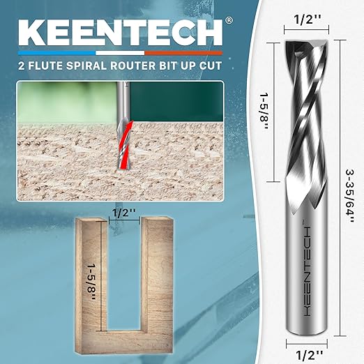 KEENTECH 1/2" Shank Upcut 2 Flute Flat Tip Sprial Router Bit for CNC Router Machine, 1/2" Cutting Diameter, 1-5/8" Cutting Depth, for Wood Cutting, Custom Furniture, Slot Mortise, Engraving, Carving
