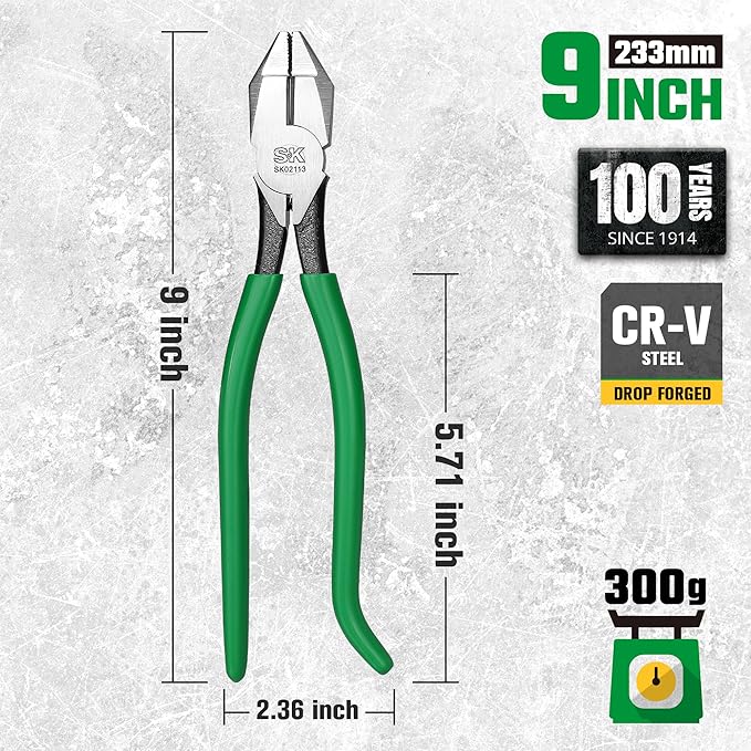 SK 9" Ironworker's Pliers, Wire Cutters With Heavy Duty Knurled Jaws, Spring Loaded Side Cutters, Premium CR-V Steel Construction, Linesman Pliers With Hook Bend Handle