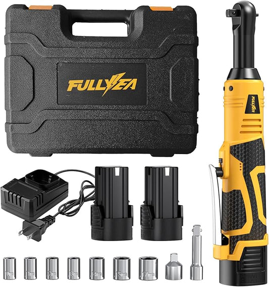 3/8" Cordless Electric Ratchet Wrench Set, 550RPM, 40Ft-lbs, 16.8V Extended Power Ratchet Tool Kit with Variable Speed, 1/4" Adapter, 3" Extension Bar, 2*2.0Ah Battery and Fast Charger(Yellow)
