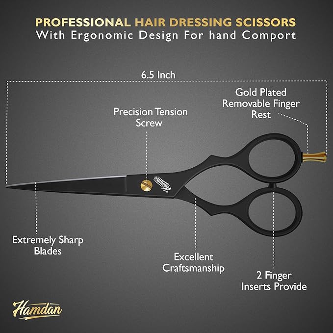 Hamdan 6.5??Matte Black Hair Scissors, Barber Shears for Men, Women & Kids ??Ultra-Sharp Professional Hair Cutting Scissors with Pouch, Precision Haircut for Salon & Home - Tijeras De Peluqueria