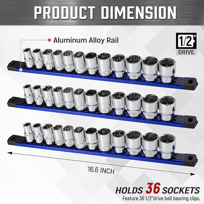 ALOANES 3-Piece Magnetic Socket Organizer, Heavy Duty Aluminum Socket Rails Organizer, 360째 Swivel Clips Socket Rail Set For Sockets Storage, 1/2-Inch Socket Holder x 36 Clips (Blue)
