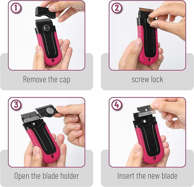 Bates- Razor Blade Scraper, Pink, Locking Razor Scraper Set with 10 Extra Stainless Steel Blades, Window Scraper, Scraper Tool, Glass Scraper, Scraper Blades, Paint Scraper Blade Scraper for Cleaning