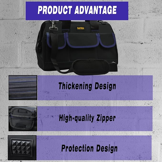 FASTECH 20 Inch Tool Bag, Waterproof Wide Mouth Tool Kit, Heavy Duty Tool Bag Organizer With Shoulder Straps, Tool Storage Package For Men/Women (20IN DarkBlue)