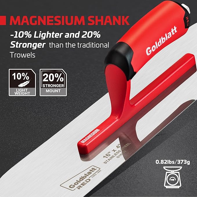 Goldblatt RED Stainless Steel Pool Trowel, 16"x 4" Professional Drywall Masonry Trowel with Soft Grip Handle, Lightweight Magnesium Shank, Round End, Plastering Trowel for Sheetrock Wallboard