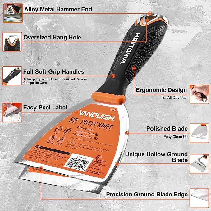 VANQUISH Stainless Steel Putty Knife, 5 Inch Paint Scraper with Soft Grip Handle and Metal Hammer End for Drywall Spackle, Taping, Scraping Paint 3586