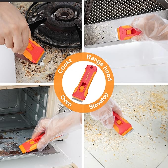 Razor Blade Scraper with 10pcs Blades and 3Pcs wire brushes,Scraper Tool for Cleaning Glass Window, Cooktop, Oven, Stove, Scraper with Buit-In Blade Storage, Upgraded Lock Mechanism, Orange