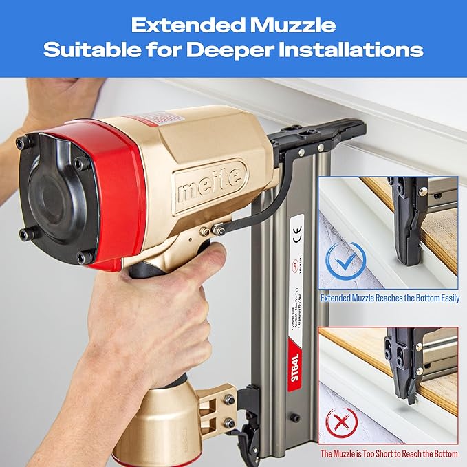 meite ST64L Concrete Nail Gun with 400PCS 14 GA 1-1/2 Inch T Nails, Extended Muzzle Pneumatic Concrete T-Nailer Gun for Wood-to-Concrete Projects, 100PCS Magazine, Accepts 3/4'' to 2-1/2''