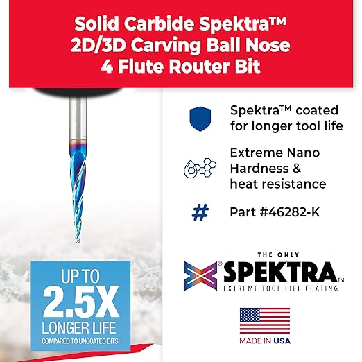 Amana Tool Carbide Up Cut Spiral CNC Router Bits for 2D/3D Carving, 46282-K, 5.4 Deg Tapered Angle Ball Tip 1/16 D x 1/32 R x 1 x 1/4 Shank 4 Flute