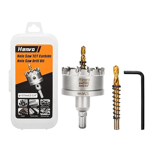 Hole Saw 2-1/4" (57mm) Heavy Duty Carbide with 2 Pilot Drill Bits - Metal Hole Cutter Cuts Stainless Steel, Iron, Copper, Brass, Plastic