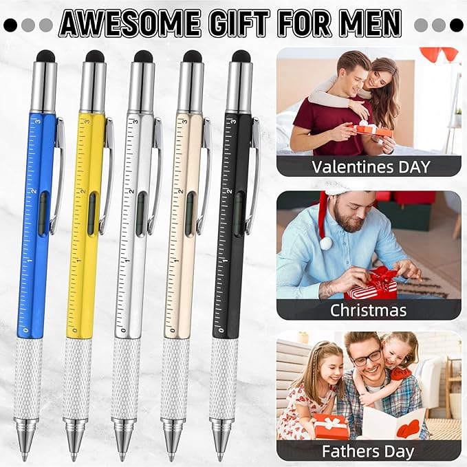 Yeaqee 40 Pcs Stocking Stuffers Bulk Gifts for Men 6 in 1 Party Favor Father's Christmas White Elephant Gifts Multi Tool Pens with Ruler, Level Gauge for Adult (Classic Color)