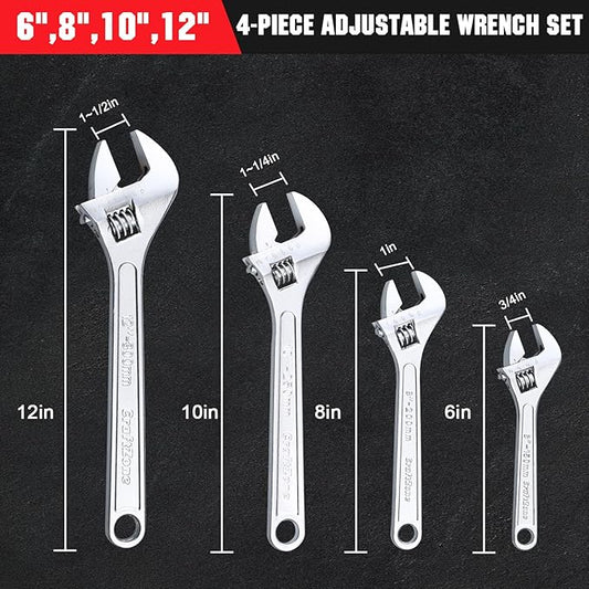 CRAFTZONE Adjustable Wrench Set, 4pc Wrenches Set with SAE and Metric Scales, Heat-Treated Carbon Steel with Chrome Plated, Wide Jaw Wrenches for Home, Plumbing, Garage (6, 8, 10, 12 Inch)