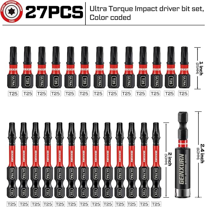 Impact Torx Screwdriver Bits Set,26Pcs 1??2?쒶agnetic T25 S2 Steel Star Driver Bits and 1Pc Bit Holder with Color Coded Base