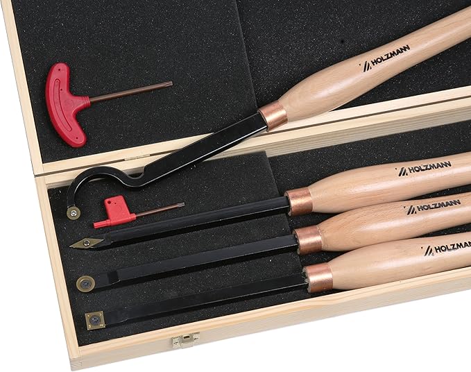 20" Full Size 4 PCS Carbide Wood Lathe Turning Tool Set, Including Swan Neck Hollower, Rougher, Finisher, Detailer, Titanium Coated Carbide Blades 2X Extended Service Life, Beech Wood Handle