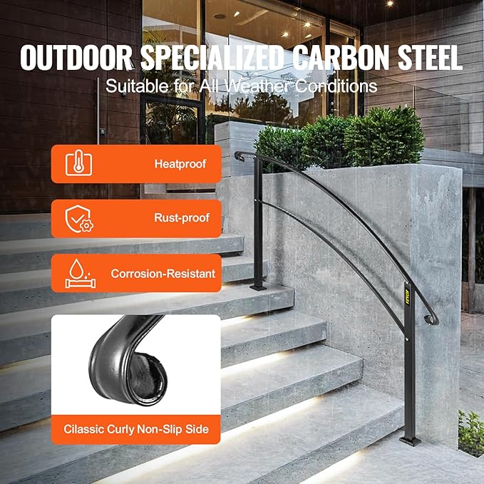 VEVOR Outdoor Steps Handrail, Black Arch#1 Adjustable Metal Staircase Railing for Porch & Deck
