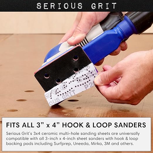 Serious Grit - 3" x 4" 220 Grit Sanding Sheets - Advanced Ceramic Grain - Universal Multi-Hole Design Fits Surfprep, Uneeda, Mirka, 3M, & Any 3x4 Sanders - Heavy-Duty Hook & Loop Film-Backed - 50 Pack
