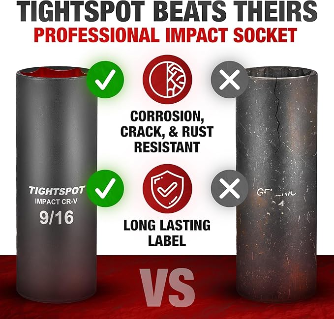 TIGHTSPOT 1/2 Inch Drive - 9/16 Inch Deep Impact Socket with Anti-Rounding 6 Point Design, Heat-Treated CRV Steel