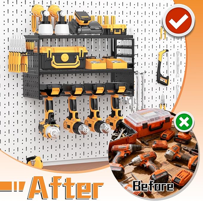 Power Tool Organizer Wall Mount, Heavy Duty 150Lbs Load Capacity with 4 Drill Holders,3 Layer Utility Shelf for Garage Storage and Workshop Organization(Black)