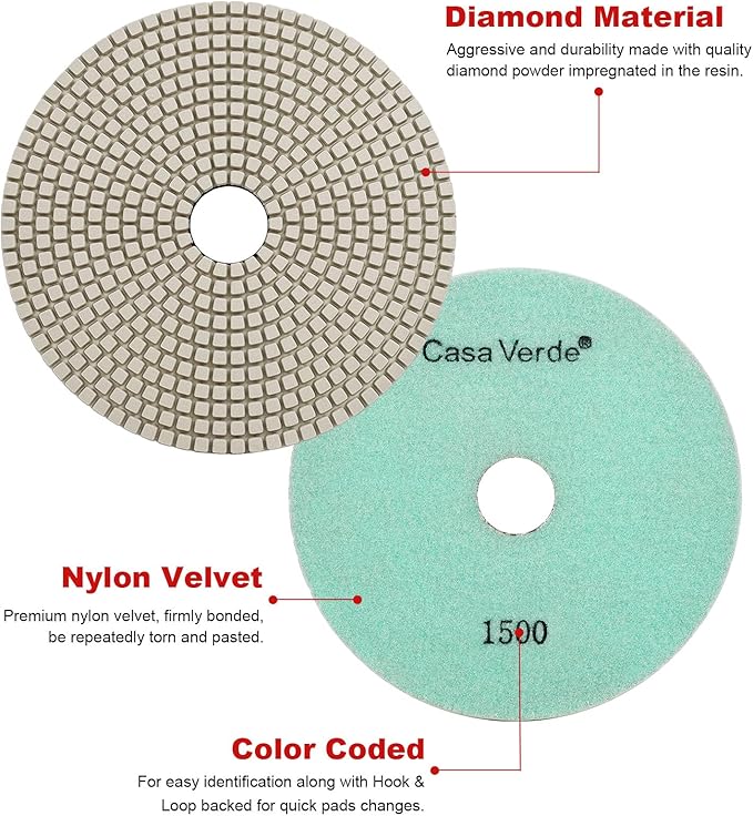 Casaverde 7Step 7 Inch Diamond Polishing Pads Grit 1500 Dry/Wet for Granite Marble Quartz Stone Countertop Polish